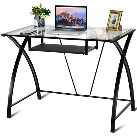 Clear Glass Top Computer Desk W Pull Out Keyboard Tray