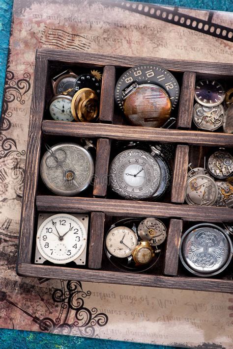 Old Pocket Watch And Clock Face In Vintage Box Stock Photo Image Of