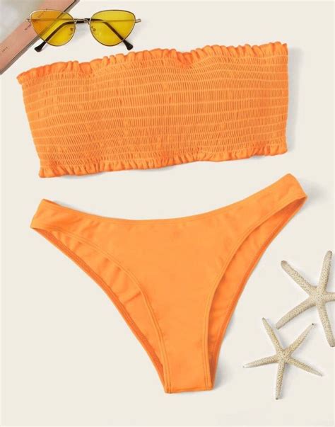 neon orange bikini set bikini bandeau bikini swimwear bikini top swimsuits romwe nylons
