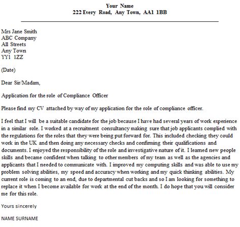 Instructions given at first class). Compliance Officer Cover Letter Sample - lettercv.com