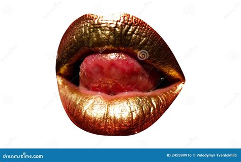 Sensual Golden Woman Lips Tongue Licking Lips Womans Gold Lip Stock Photo Image Of