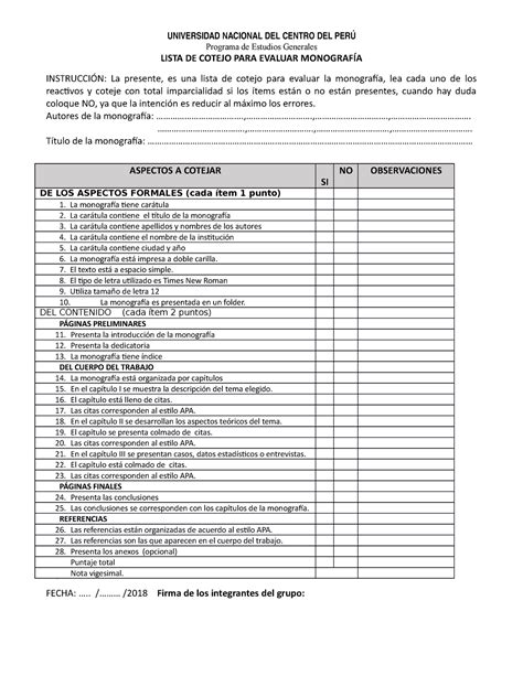 Ejemplo De Lista De Cotejo Para Evaluar Mayoría Lista