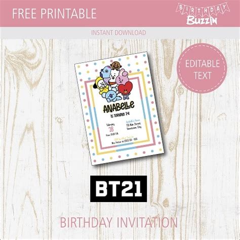 Free Printable Bt21 Birthday Party Invitations Birthday Buzzin