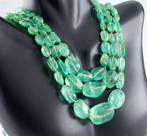 Polished Emerald 400 Carat Three Strand Necklace With Diamond 14k Gold