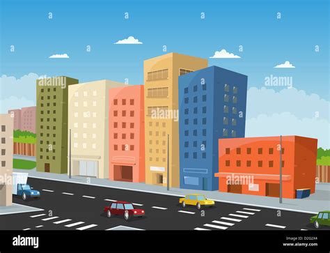 Illustration Of A Cartoon City Downtown With Office Buildings And