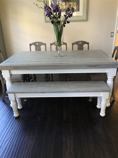 With the smooth top, messes are easily cleanable and gives a hint of sophistication to your dining. Farmhouse table with light grey base and distressed dark grey top. 4x4's and 4x6's were use ...