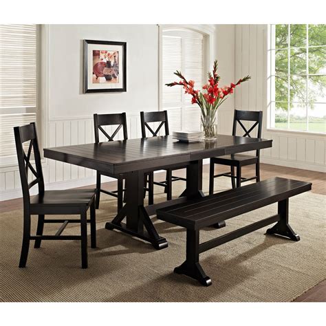 Walker Edison Black 6 Piece Solid Wood Dining Set With Bench From