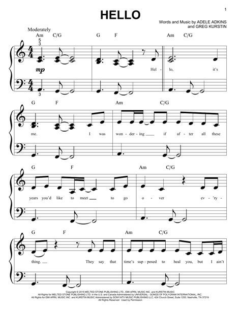 Adele Hello Sheet Music Notes Chords Piano Big Notes Download
