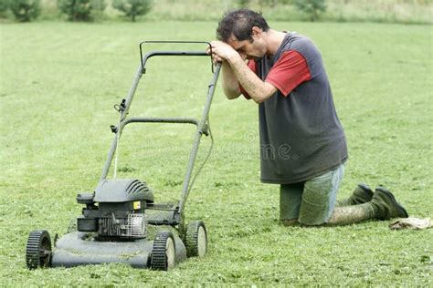 Exhausted Man With Lawn Mower Stock Photo Image Of Filthy Gardener