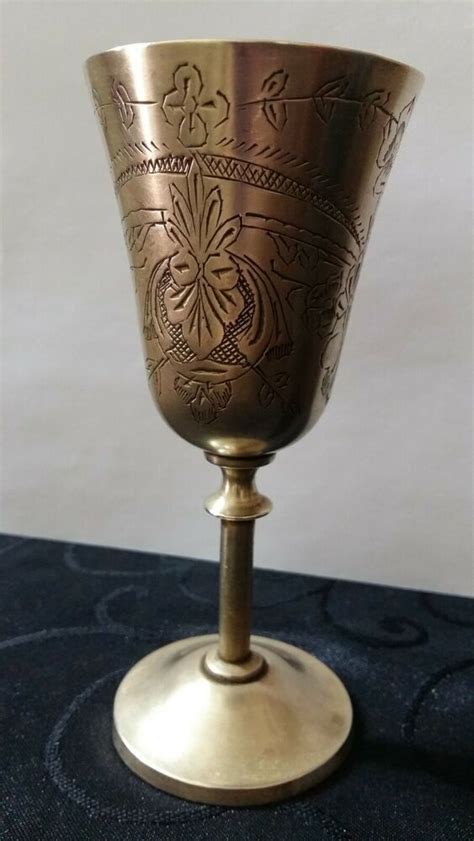 Vintage Brass Footed Wine Goblet Cup Flower Etched Floral Design