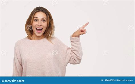 Excited Lady Pointing Aside Stock Image Image Of Pleasure Astonished 139408363