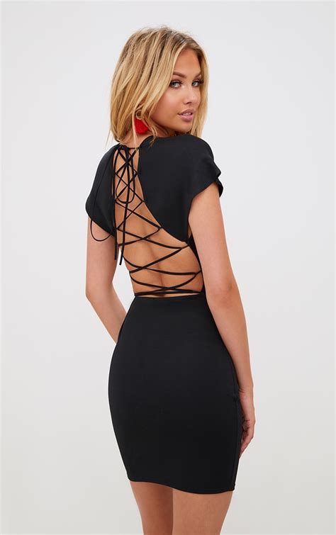 Black Lace Up Back Detail Bodycon Dress Prettylittlething