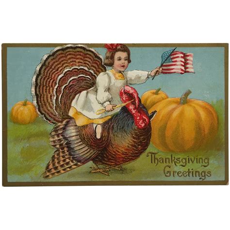 Little Patriotic Girl Riding Big Thanksgiving Turkey Postcard Vintage Thanksgiving