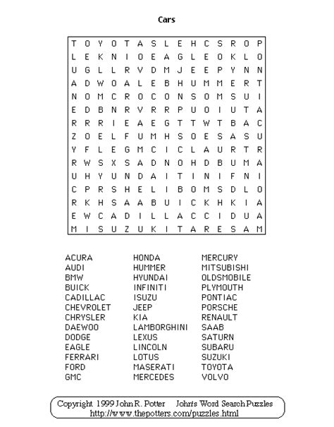 Johns Word Search Puzzles Cars