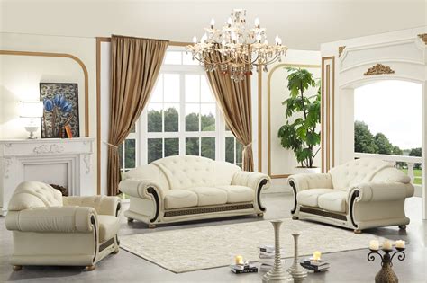 Apolo Living Room Set In Ivory Italian Leather By Esf Furniture