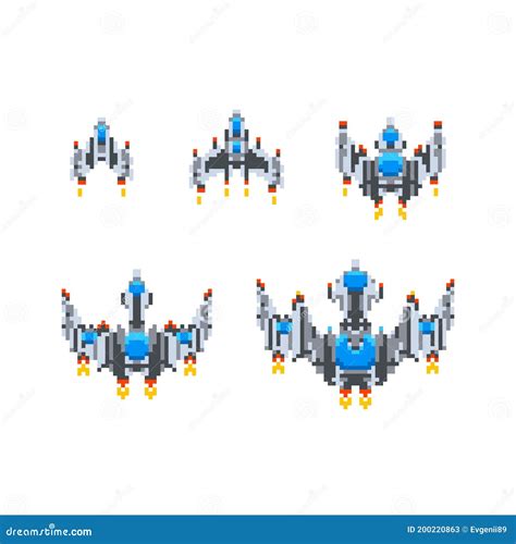 Set Of Level Up Of Cute Little Spaceships Vintage Game Hero In Pixel