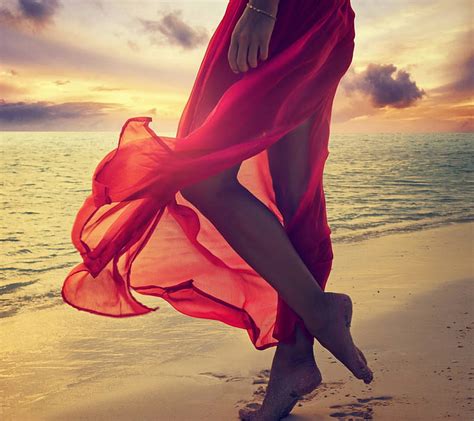 Girl On The Beach Beach Girl Nature People Red Dress Sunset