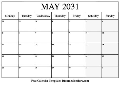 May 2031 Calendar Free Blank Printable With Holidays