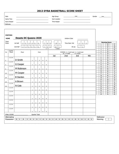 Youth Basketball Score Sheet Printable Web Printable Basketball Score