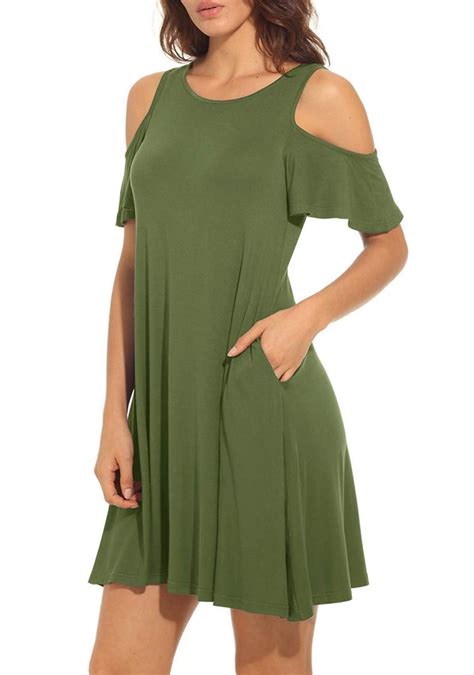 Ladies Army Green Dress Loose Fit Ruffle Sleeve Cold Shoulder Outfit