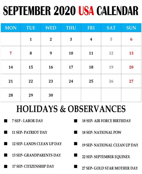 September 2020 Usa Holidays Calendar Usa Calendar Holiday Calendar