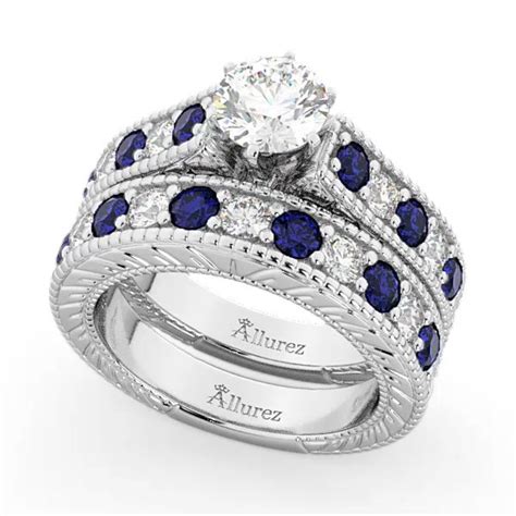 Antique Diamond Sapphire Bridal Ring Set 14k White Gold 2 87ct U3081