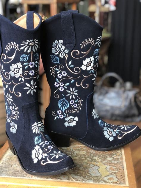 Cowgirl Floral Daze Tall Boot In Navy Blue Cowgirl Boots Blue Suede