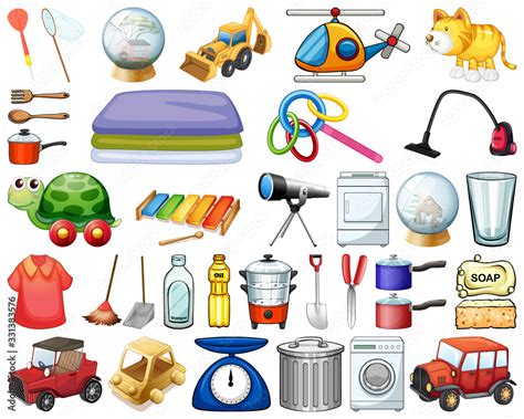 Large Set Of Household Items And Many Toys On White Background Stock