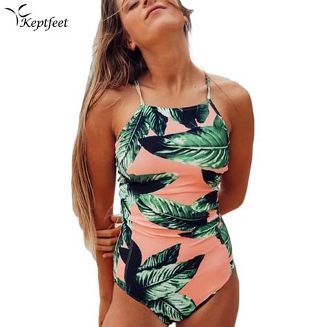 2018 Green Leaf Sexy One Piece Swimsuit Women Swimwear Print Bodysuit Bandage Cut Out Beach Wear