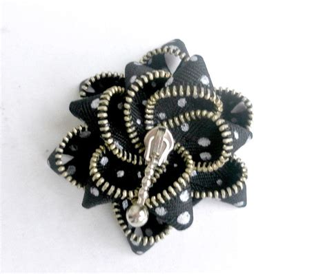 Zipper Brooch Black And Silver Polka Dots Hand Painted Zipper Pin