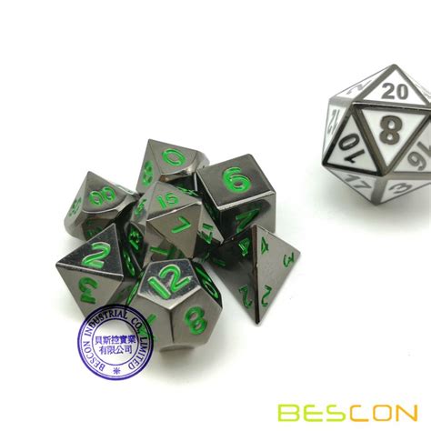 Bescon 10mm Mini Solid Metal Dice Set Glossy Black With Green Numbers
