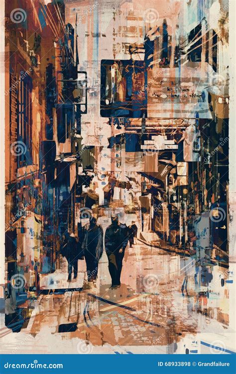 Abstract Art Of People Walking At Alley Stock Illustration
