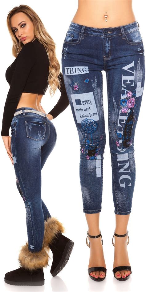 Sexy Skinny Jeans Used Met Prints And Bloemen Borduurwerk Jeansblauw