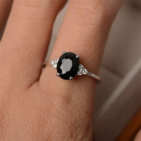 Black Spinel Ring Oval Cut Black Rings Promise Ring Silver Etsy