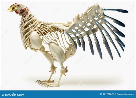 Blue Feathers On The Tail Of Chicken Skeleton Isolated On White