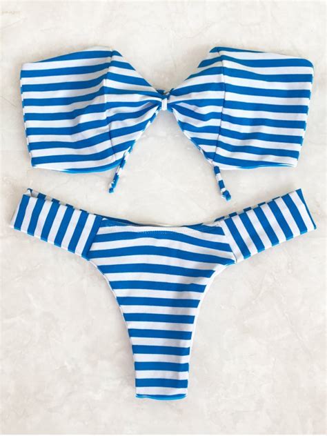 Striped Bow Bandeau Bikini Set Blue And White Bikinis M Zaful