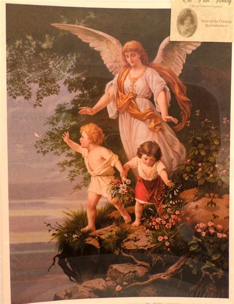 Victorian Lithograph Print Angel Watching Over Children Kids 12 X 16
