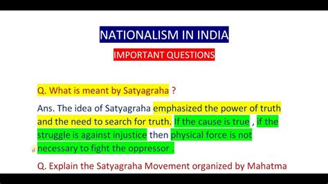 Class 10th Nationalism In India Important Questions Youtube