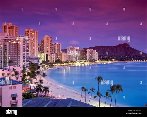 Honolulu And Waikiki Beach Skyline Dusk Stock Photo Alamy
