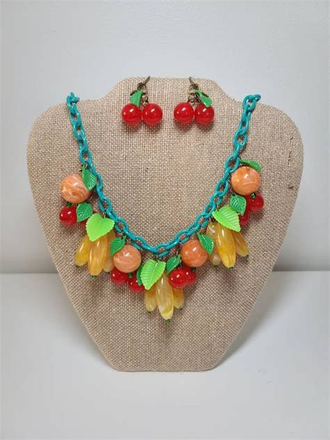 Bananas Oranges And Cherries Fruit Salad Necklace And Earring Set 30s