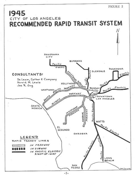 Los Angeles 1945 Recommended Rapid Transit System Map Subway And