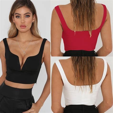 Sexy Deep V Neck Solid Color Sleeveless Summer Women Slim Party Crop