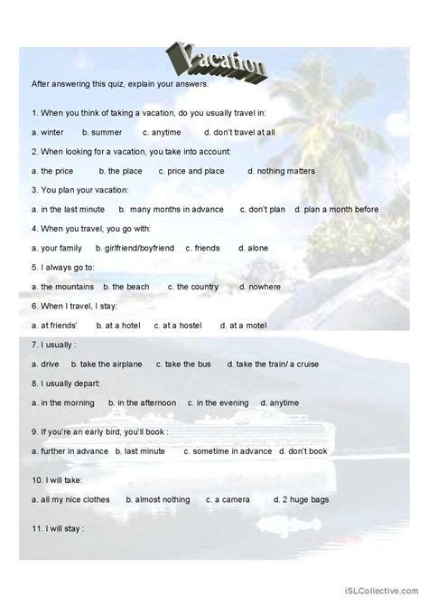 vacation warmer filler cooler english esl worksheets pdf and doc