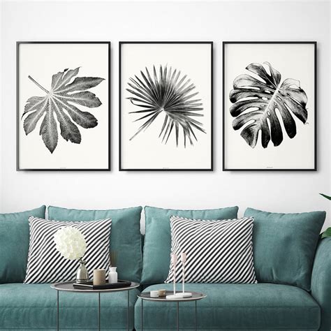 Black And White Leaves Feathers Botanicals Prints Set Of Three Black