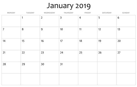 January Month Blank Printable Calendar Calendar Wallpaper 2019