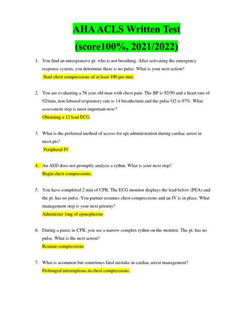 Solution Aha Acls Written Test Score100 2021 2022 Studypool