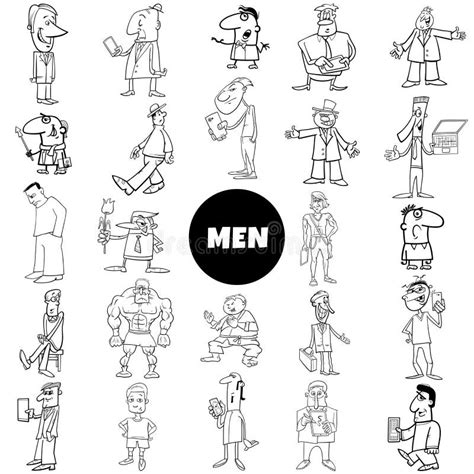 Black And White Funny Cartoon Men Characters Big Collection Stock