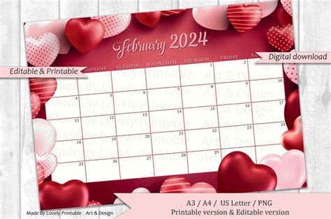 Editable February 2024 Calendar Sweet Valentine With Lovely Heart