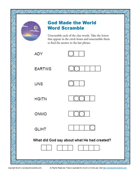 God Made The World Word Scramble Bible Word Exercises