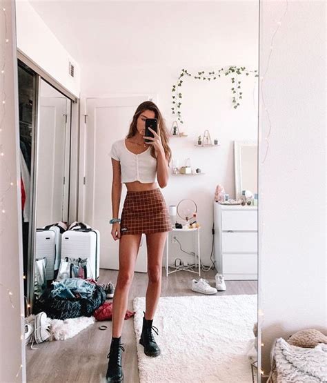 cute aesthetic white with brown mini skirt mirror selfie 🖤🖤 fashion cute outfits clothes